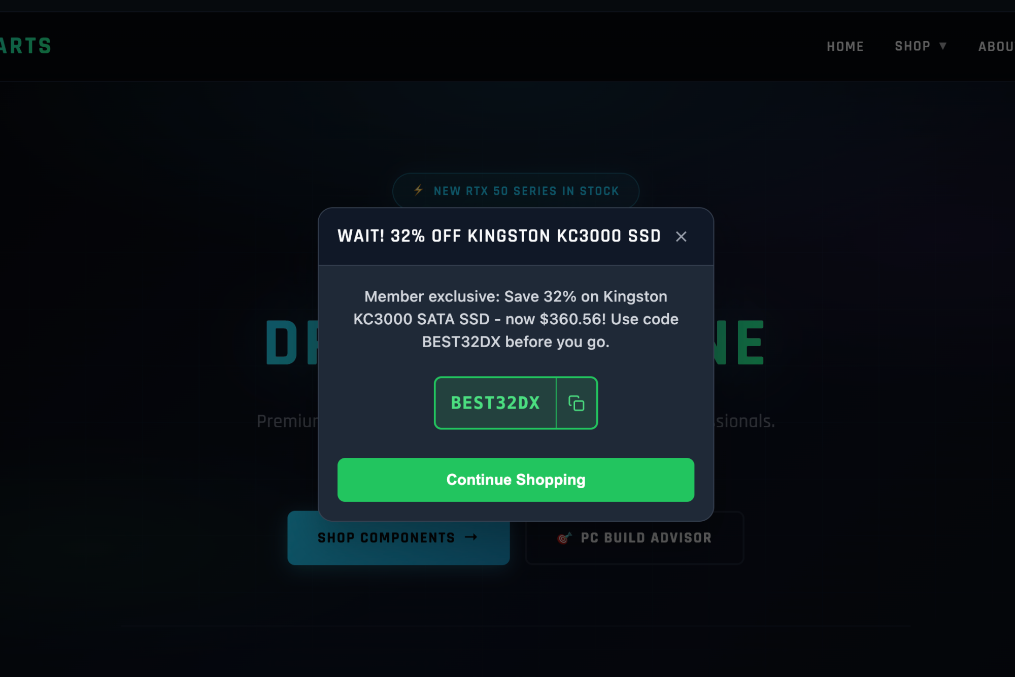 Exit offer modal with discount code and CTA
